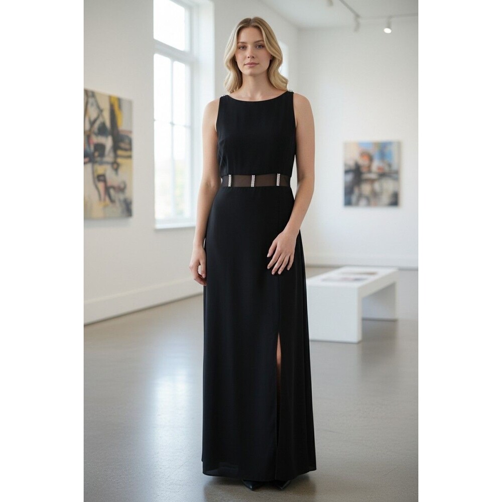 Nightway Black Rhinestone Waist Shoulder Evening Gown Sz10 Sleeveless Front Slit